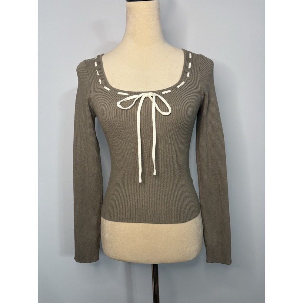 Idem Ditto Green Greige Ribbed Sweater Square Neck Laced Collar Slight Crop XS